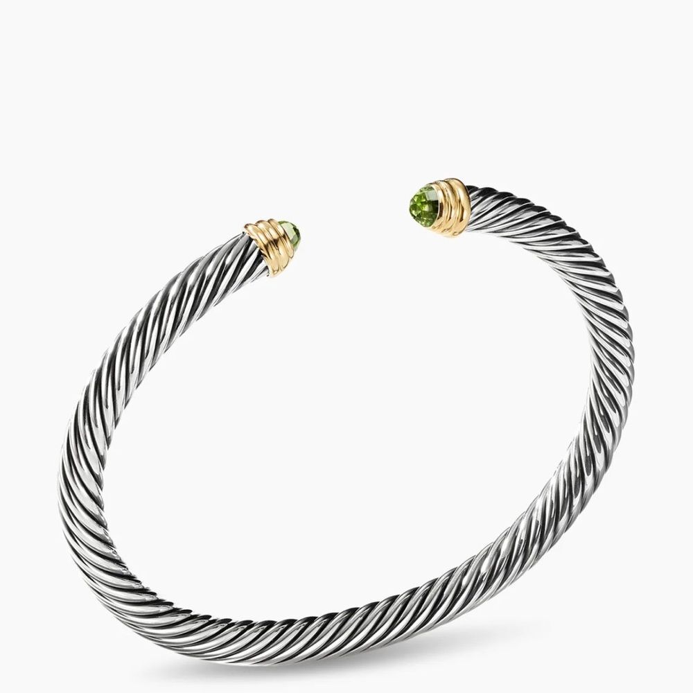 David Yurman Classic Cable Bracelet M 14K Gold Peridot Sterling Silver Cuff - Picture 3 of 10